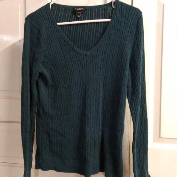 Talbots Pima Cotton Classic Cable V-Neck Sweater L- Teal - Picture 3 of 9